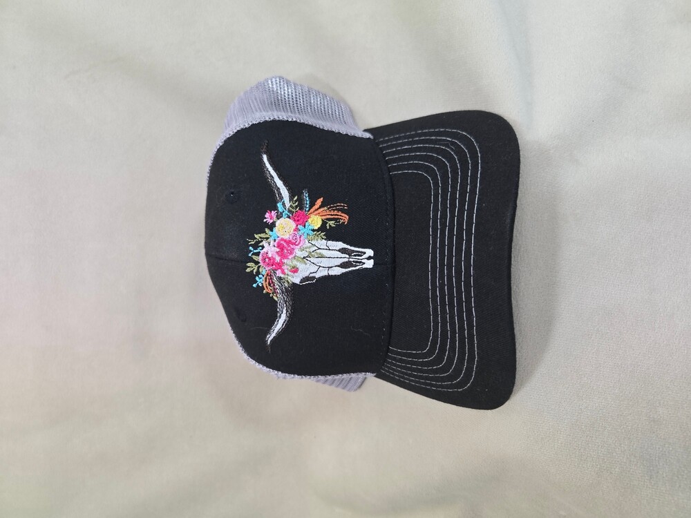 Outcadian Bull Skull Floral Embroidered Trucker Hat Black Gray Mesh Snapback